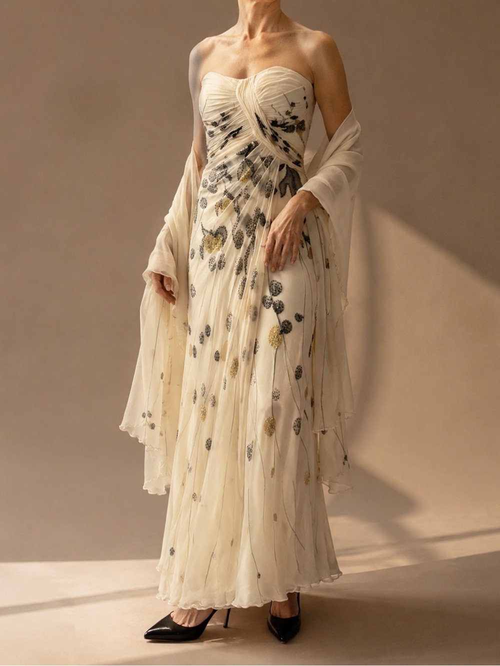 Hand Beaded Silk Chiffon Couture Gown Strapless Ivory Evening Dress & Shawl